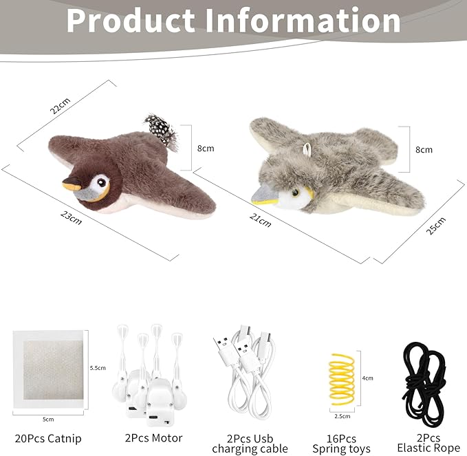 2 PCS Cat Toys, Flapping Bird Cat Toy(No Flying), Interactive Catnip Toy with Catnip Bags, Chirping Noise Moving Wings Dog Cat Kitten Toys, Flappy Flying Pets Toy for Indoor(Brown&Gray Sparrow)-Mewly Pet