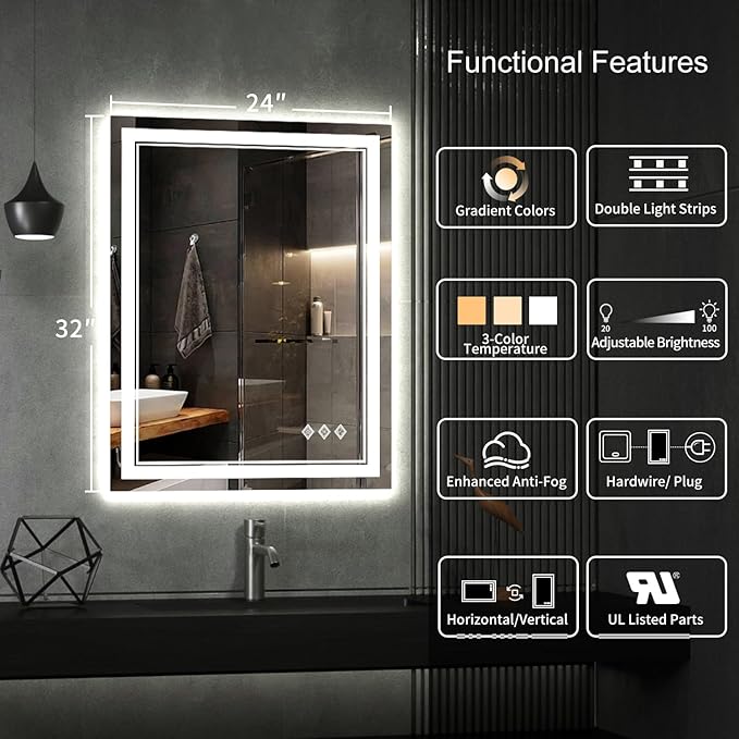 LED Bathroom Mirror, 24x32 Inch Gradient Front and Backlit LED Mirror for Bathroom, 3 Colors Dimmable CRI>90 Double Lights, IP54 Enhanced Anti-Fog, Hanging Plates Vanity Mirror with Lights