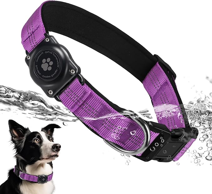 Upgraded AirTag Dog Collar, IP68 Waterproof Air Tag Dog Collar Holder, Reflective, Ultra-Durable, Comfortable Padded, Heavy Duty Dog Collars for Small Medium Large Dogs (XS (10.25"-13"), Purple)-Mewly Pet