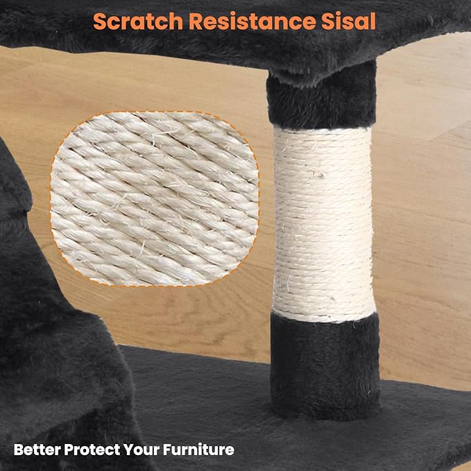 54.7 inches Cat Tower for Indoor Cats, Multi-Level Cat Condos with Scratching Posts, Hanging Toys, Dark Gray-Mewly Pet