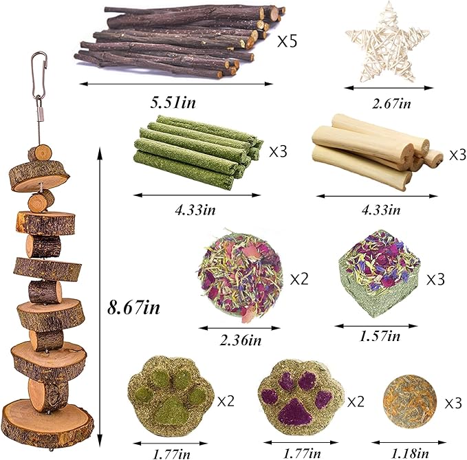 Grddaef Rabbit Toys, Guinea Pig Toys 25 Pcs Natural Timothy Hay Bunny Chews and Treats for Hamster Chinchilla Gerbil-Mewly Pet