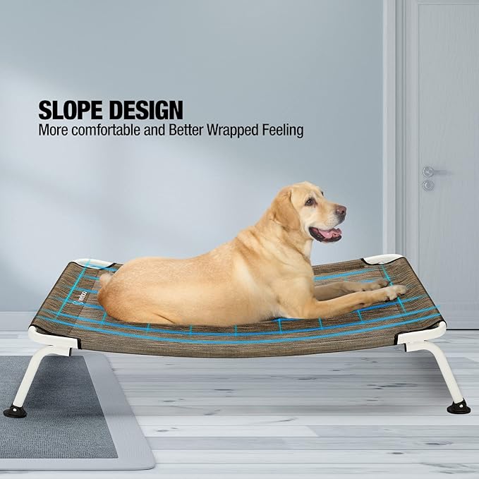 Veehoo Elevated Dog Bed for Outdoor, Cooling Waterproof Raised Dog Cots Beds for Large Dogs, Curved Off Ground Pet Hammock Cot Lifted for Outside, up to 85lbs, White Legs, Brown 42"-Mewly Pet