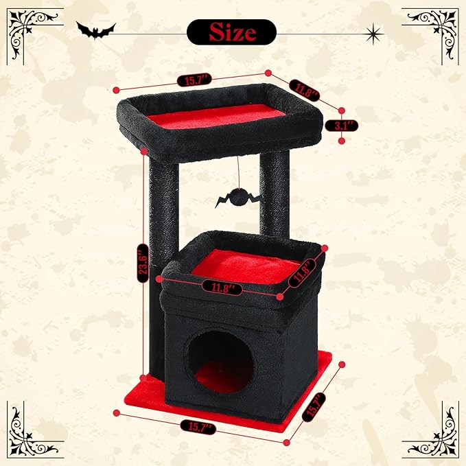PEQULTI Cat Tree Gothic Cat Tower for Indoor Cats with Private Cozy Cat Condo, Natural Sisal Scratching Posts and Plush Pom-pom for Small Cats Black-Mewly Pet