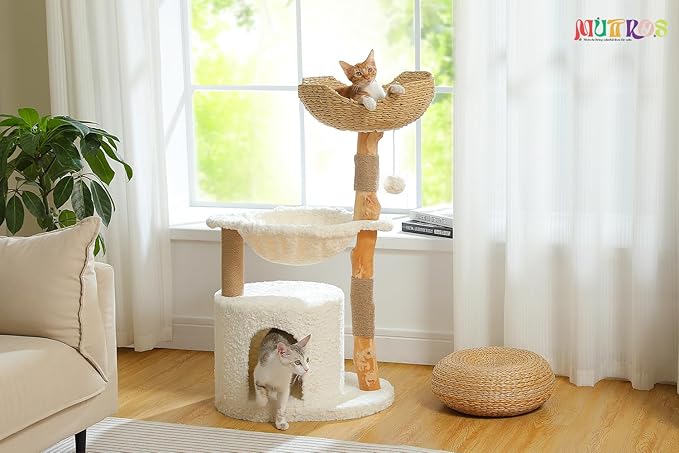 Modern Cat Tree for Large Cats, Wood Cat Tower for Indoor Cats, Real Branch Luxury Cat Furniture with Super Large Cozy Condo and Hammock & Scratching Post, Top Basket, White-Mewly Pet