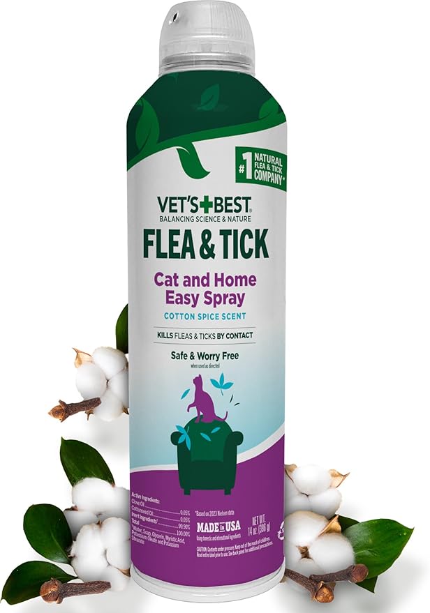 Vet's Best Natural Flea & Tick Easy Spray for Cats – Natural Flea & Tick Prevention with Cotton Spice Scent – Plant-Based Cat Spray with Essential Oils – Gentle Pest Control Formula – 14 oz Bottle-Mewly Pet