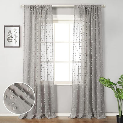 MYSKY HOME Pom Pom Grey Sheer Curtains for Bedroom Girls Room Curtains 120 Inches Long for Nursery Kids Light Filtering Boho Window Drapes, Rod Pocket, 38" Wide, 2 Panels