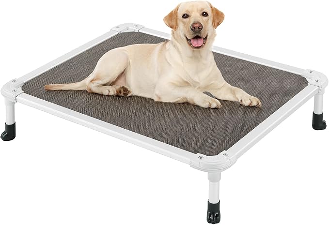 Veehoo Chew Proof Elevated Dog Bed - Cooling Raised Pet Cot - Silver Aluminum Frame and Durable Textilene Mesh Fabric, Unique Designed No-Slip Feet for Indoor or Outdoor Use, Brown, Medium, CWC2003-Mewly Pet