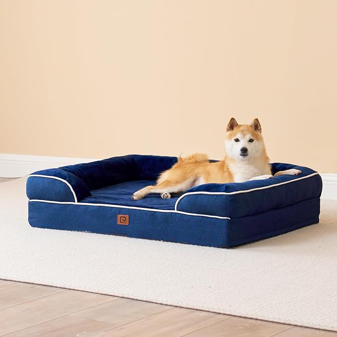 EHEYCIGA Orthopedic Dog Beds for Large Dogs, Waterproof Memory Foam Large Dog Bed with Sides, Non-Slip Bottom and Egg-Crate Foam Pet Couch Bed with Washable Removable Cover, Navy-Mewly Pet