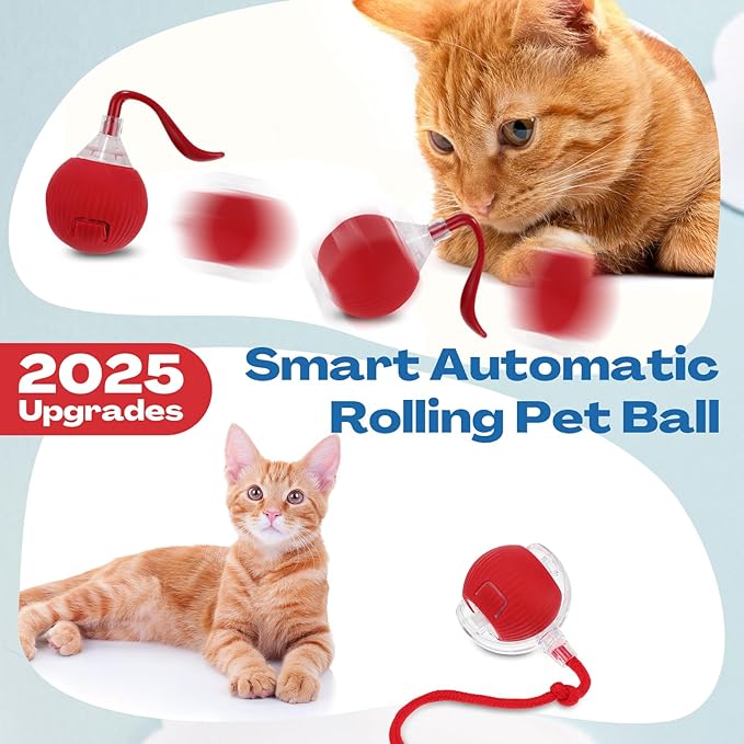 2 Pcs Interactive Rolling Cat Dog Toy Ball, Electric Cat Ball Toy Smart Automatic Self Rolling Dog Ball Toys, 360° Smart Rolling Ball Toy Electric Balls for Dog Cat (Red)-Mewly Pet
