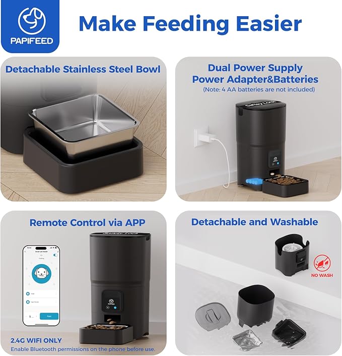 PAPIFEED 2.4G WiFi Automatic Cat Feeder, 6L/25Cup Automatic Pet Feeder with APP Control for Remote Feeding, Detachable for Easy Clean, Cat Food Dispenser with Alexa,1-10 Meals Per Day for Dog, Black-Mewly Pet
