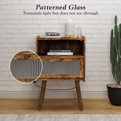 Mid Century Modern Nightstand with Charging Station, Bedside Tables with Glass Door, End Table Side Table with 2 Tiers Storage Space, for Bedroom, Living Room, Brown