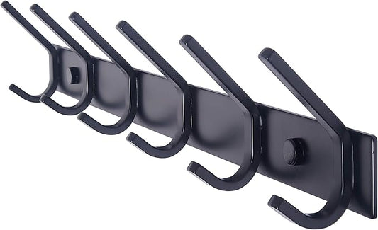 WEBI Coat Rack Wall Mounted,17-1/8 Inch Hooks for Hanging Coats,Heavy Duty Metal Hook Rail with 6 Double Dual Hooks Hanger Wall Mount for Purse Clothes Jacket Backpack Entryway,Black