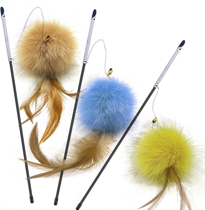 Cat Toys - Rainbow Wand, Feather Flips Plush Ball, Interactive Feather Teaser for Kitten Exercise - 3 Pack-Mewly Pet