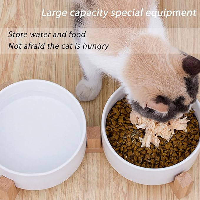 Petygooing Dog Bowls,White Ceramic Cat Dog Bowl Set with Wood Stand for Food and Water Feeder, Modern Pet Dish Set for Cats and Small Size Dogs Puppy (13.5OZ/5.1 in)-Mewly Pet