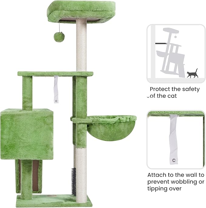 Heybly Cat Tree with Cat Self Groomer Brush, Cat Tower Condo for Indoor Cats with Padded Plush Perch, Cat House with Basket Scratching Board Post, Green HCT005SGR-Mewly Pet
