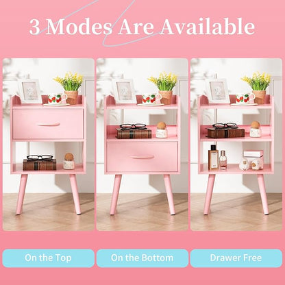 Yoobure Night Stand with Fabric Drawer, Modern Nightstand, Bedside Tables, Mid Century Nightstands with Open Storage Shelf, Wood Bedside Table, Small Night Stands for Bedrooms, 2-Tier Night Table