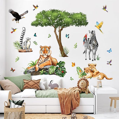 Jungle Safari Animal Wall Decals for Kids Room - Tiger Leopard Zebra Wildlife Wall Stickers Removable Vinyl Nursery Decor for Baby Toddlers Bedroom Classroom Playroom