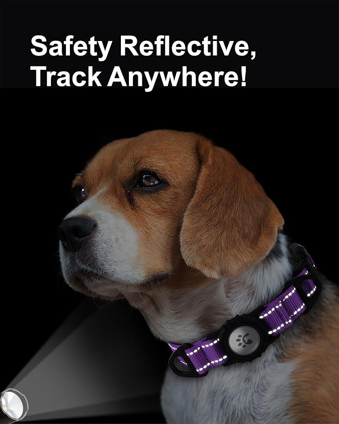 TagME Airtag Dog Collar,Waterproof Reflective Pet Collar with Airtag Holder,Soft Padded and Double D-Rings for Medium Dogs,Purple-Mewly Pet
