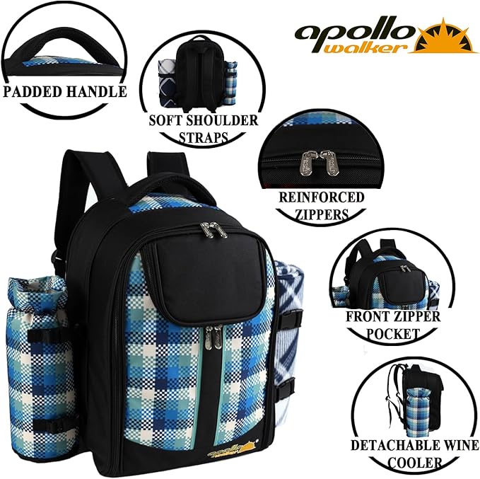 apollo walker Picnic Backpack Bag for 2 Person with Cooler Compartment, Detachable Bottle/Wine Holder, Fleece Blanket, Plates and Cutlery Set-Mewly Pet