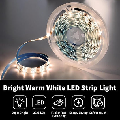 iNextStation Warm White LED Strip Light, 16.4ft 5M 2835 SMD 300 LEDs 12V Flexible Cuttable LED Tape Light for Bedroom Kitchen Cabinet Wardrobe TV (Power Adapter Included)