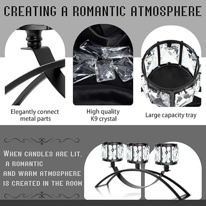 Black 3-Arm Crystal Candle Holders Arched - Elegant Tabletop Candelabra Centerpiece for Weddings, Dining Room Decor, Modern Home & Cabinet Display Housewarming