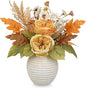 Artificial Fall Floral Centerpiece with Vase, Fake Flowers for Autumn Table Decorations, Silk Rose & Maple Leaves Arrangement, Rustic Cement Vase Harvest Decor for Dining Table, Kitchen, Living Room