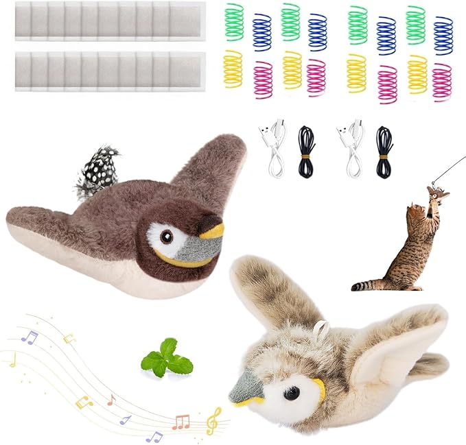 2 PCS Cat Toys, Flapping Bird Cat Toy(No Flying), Interactive Catnip Toy with Catnip Bags, Chirping Noise Moving Wings Dog Cat Kitten Toys, Flappy Flying Pets Toy for Indoor(Brown&Gray Sparrow)-Mewly Pet