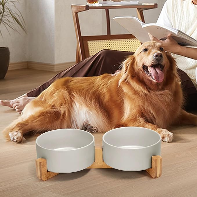 SPUNKYJUNKY Ceramic Dog and Cat Bowl Set with Wooden Stand, Modern Cute Weighted Food Water Bowl Set for Medium to Large Size Dogs (42 OZ, 2 × Grey)-Mewly Pet