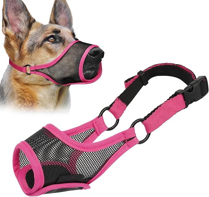 LUCKYPAW Dog Muzzle, Mesh Muzzle for Large Medium Small Dogs, Soft Mouth Guard for Biting Chewing, Breathable Mouth Guard with Adjustable Strap for Training(Hot Pink, XS(Snout:6.5"-7.5"))-Mewly Pet
