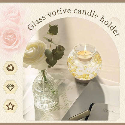 16 Pcs Glass Clear Votive Floating Candle Holders with 8 Pcs Bright Pearl String Beads, Tealight Bowl Candle Holder Bulk for Wedding Centerpiece Home Bridal Shower Party Decor (Gold)