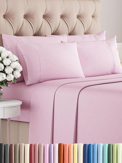 King 6 Piece Sheet Set - Comfy Breathable & Cooling - Ultra-Soft Hotel Luxury Bedding Set with 8-16 Inch Deep Pockets - 1 Flat & 1 Fitted Sheet & 4 Pillowcases - Wrinkle Free & Easy Care - Light Pink