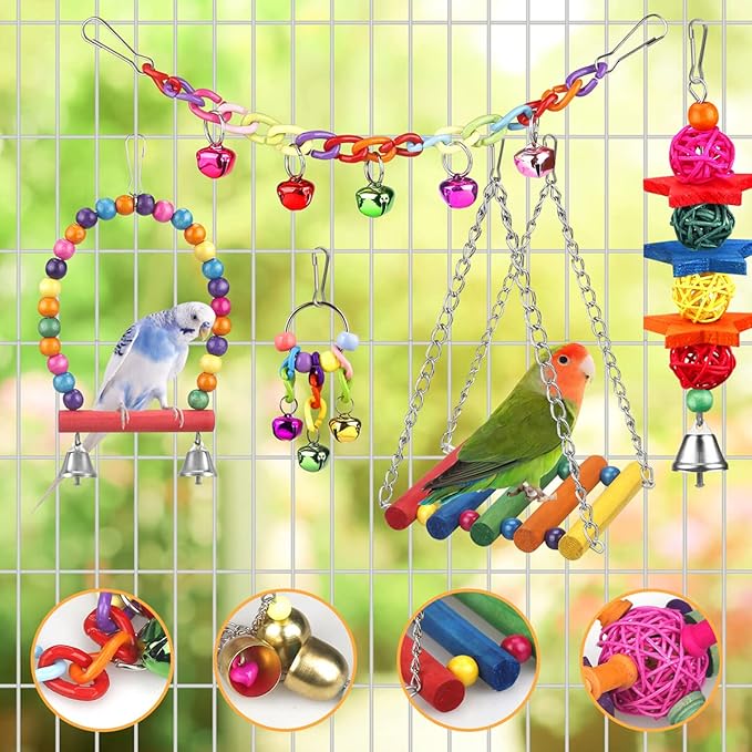Bird Toys for Conures with Colorful Ladder Hammock Bird Cage Accerious Bird Perch Stand Chewing Toys Hanging Bell for Parrot Parakeet Cockatiel Lovebirds-Mewly Pet