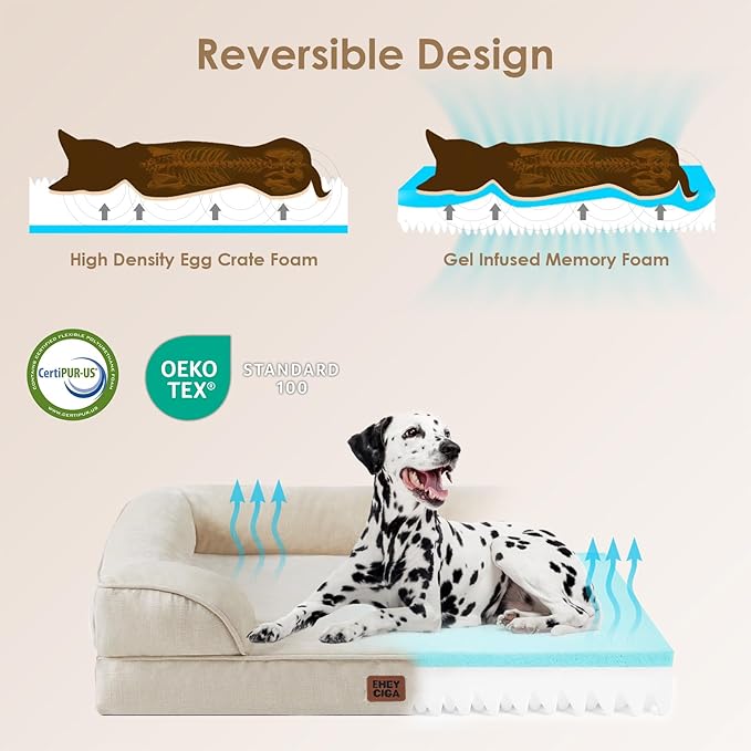 EHEYCIGA Orthopedic Dog Beds for Large Dogs, Waterproof Memory Foam Large Dog Bed with Sides, Non-Slip Bottom and Egg-Crate Foam Pet Couch Bed with Washable Removable Cover, Beige-Mewly Pet