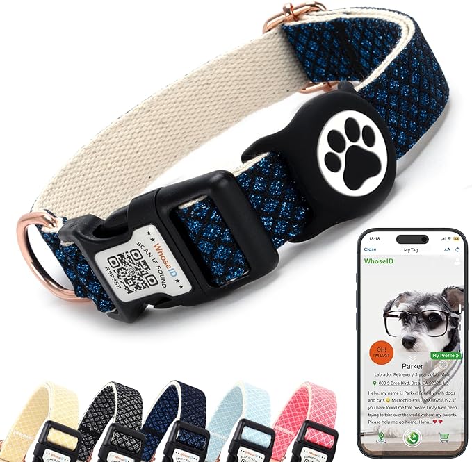 Dog Collar with Waterproof AirTag Holder & Anti-Lost QR Code, Cute Bling Warpping Adjustable Width for Small Medium Large Pet (Blue, L)-Mewly Pet