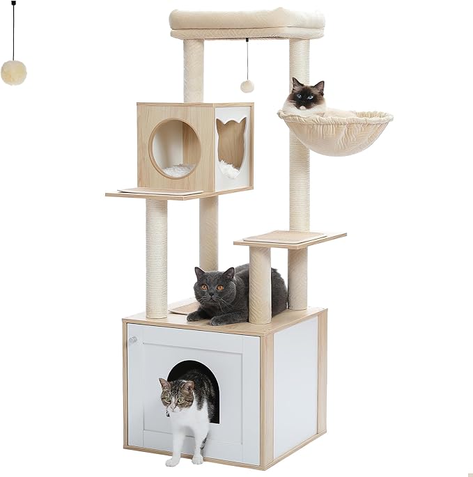 Tall Cat Tree with Litter Box Enclosure 56.7" Wooden Cat Tower for Large Cats with Cat Hammock House Bed (Wood Beige)-Mewly Pet