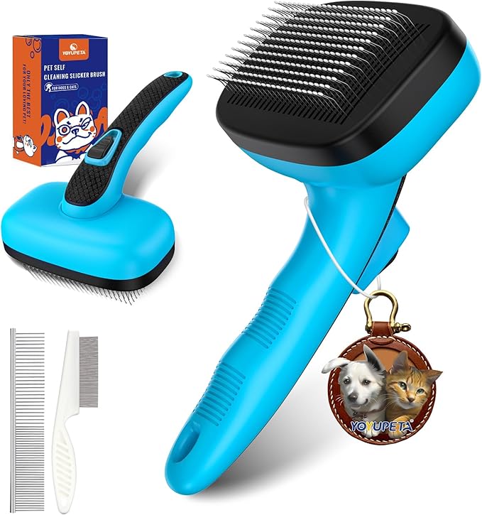 3 PCS Dog Grooming Brush Kit – Self Cleaning Slicker Brush for Shedding Short & Long Haired Dogs & Cats. Removes Loose Fur, Undercoat, Mats, Tangles for Small, Medium & Large Pets. Blue-Mewly Pet