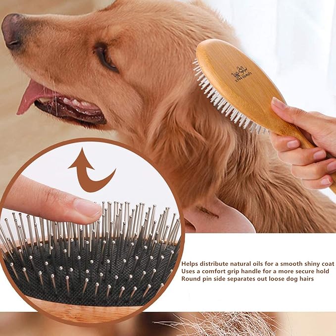ClumsyPets Dog & Cat Ball Pin Slicker Grooming Brush with Bamboo Handle for Pets Massage Bath and Removes Mats Loose Fur Hairs-Mewly Pet