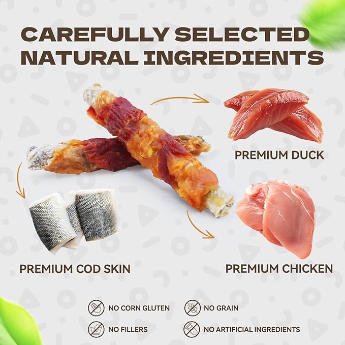 Chicken Duck Wrapped Cod Skin Sticks Dog Treats, Rawhide Free Dog Chews Long Lasting HealthTeeth Training Treats for Medium and Large Breed 10.58oz/12-14pcs-Mewly Pet