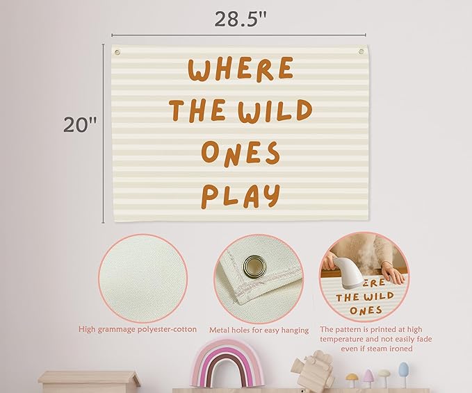 Playroom Rectangular Canvas Banner-Flag Wall Sign Decor for Kids Teen,Playroom Nursery Baby Room Bedroom Living Room Wall Decor-Where the Wild Ones Play-Baby Shower Birthday Christmas Gift