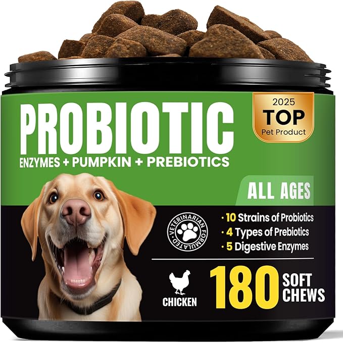 Probiotics for Dogs - Dog Probiotics with 5 Enzymes & 4 Prebiotics for Itchy Skin, Pet Probiotics lab for Digestion & Gut Support, Helps Diarrhea, Yeast Infection, Allergies & Immune System -180 Chews-Mewly Pet