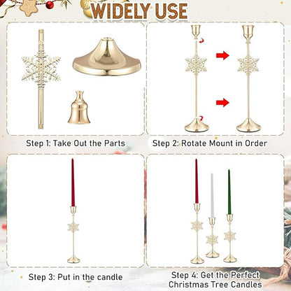 3 Pcs Christmas Candle Holders 3 Size Gold Taper Candlestick Holders Set Vintage Decorative Centerpiece for Table Mantel Wedding Housewarming Thanksgiving Gifts (Snowflake)