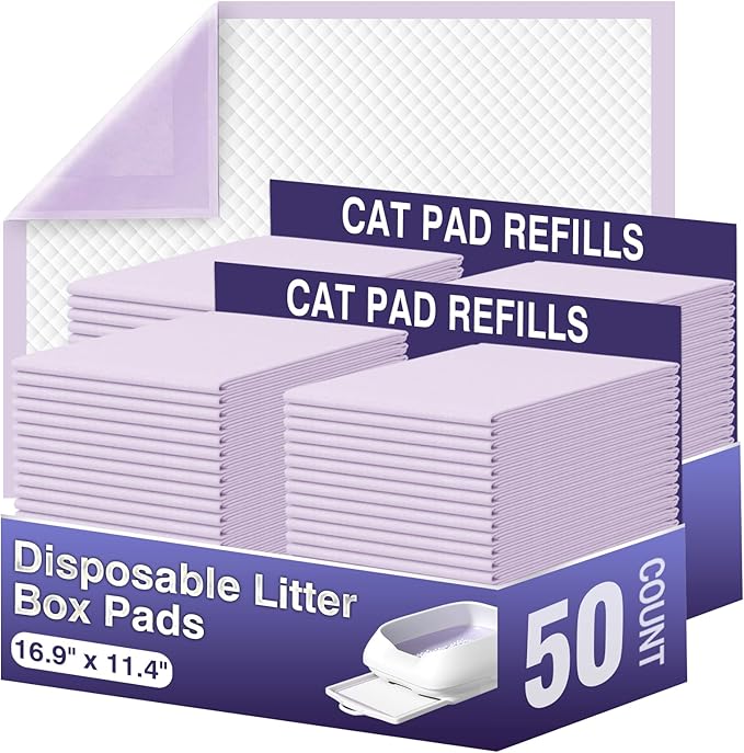 IMMCUTE Cat Pads 16.9" X 11.4", 50 Ct | Pee Pads for Cats | Thickened 6-Layer Super Absorbent Pads, Pee Pads for Tidy Cats Breeze Litter System | Cat Pee Pad for Litter Box-Mewly Pet