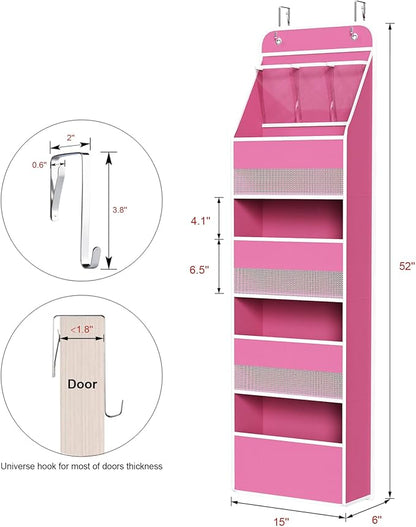 Univivi 5-Shelf Fabric Door Storage Over Door Hanging Organizer with 4 Large Pockets and 3 Small PVC Pockets Nursery Closet Cabinet Wall Mount Hanging Storage Organizers for Baby Nursery (Pink)