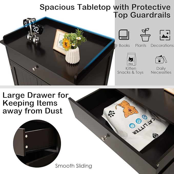 PETSITE Cat Litter Box Enclosure, Large Cat Washroom End Table with Drawer & 2 Doors, Wooden Cat House Storage Cabinet, Hidden Litter Box Furniture, Brown-Mewly Pet