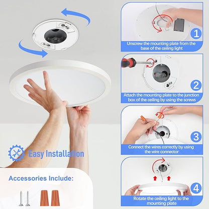 SunRider 4-Pack LED Flush Mount Ceiling Light Fixture, 5000K Daylight White, 2400LM, 12 Inch 24W Round Flat Recessed Lamp, 240W Equiv., Non-Dimmable