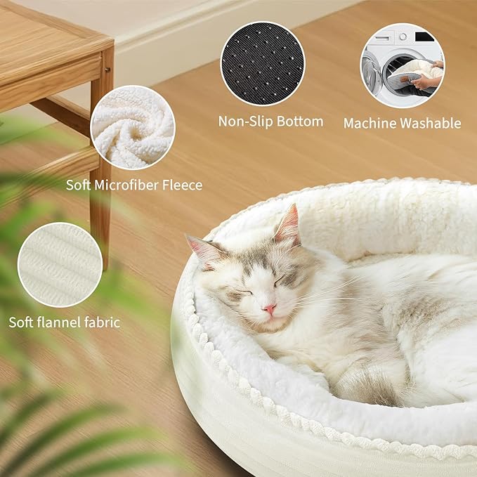 20in Cream Round Cat Dog Bed Gift for Large Medium Small Dogs Cats, Machine Washable Sleeping Sofa, Non-Slip Bottom Breathable Soft Calming Pet Cuddler for Indoor/Outdoor/Car/Cage-Mewly Pet