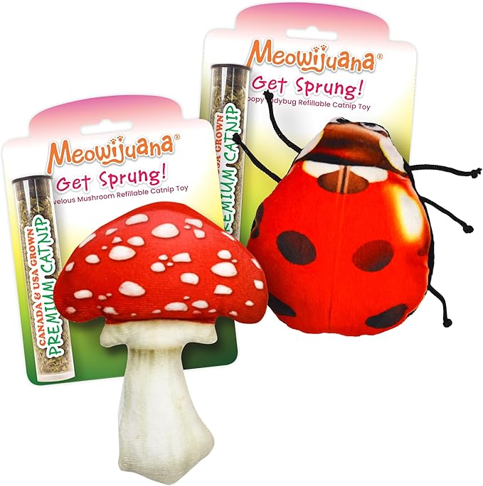Meowijuana Refillable Cat Toys | Get Sprung - Ladybug and Mushroom Catnip Toys | Includes Potent Hand Harvested Catnip Grown in North America | Promotes Play and Cat Health-Mewly Pet