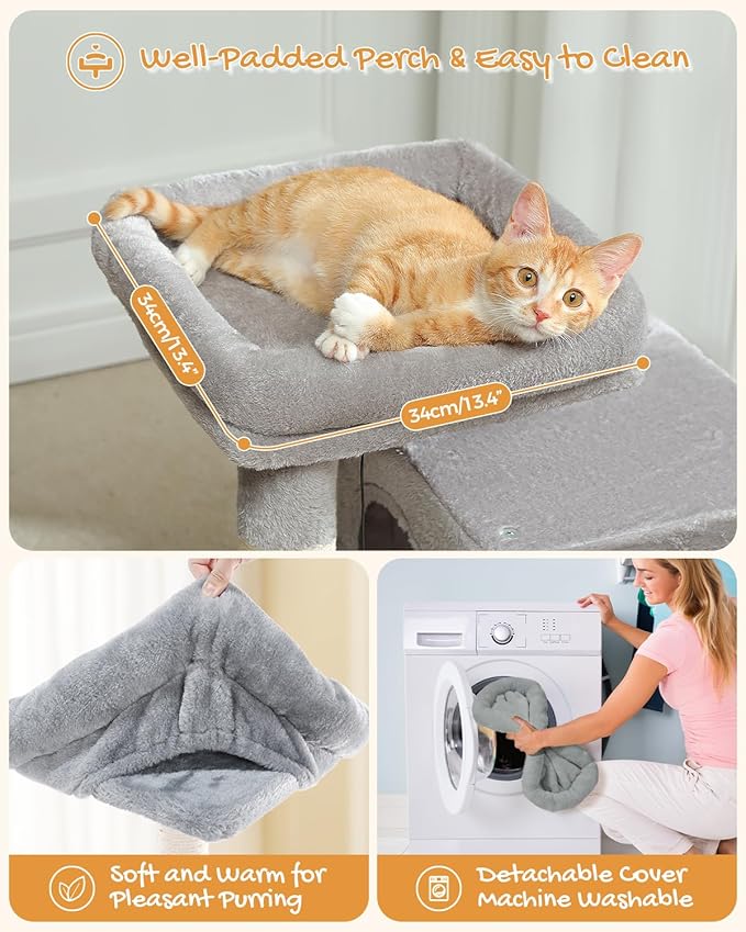 PAWZ Road Cat Tree, 30 Inches Cat Tower with Dual Condos for Indoor Cats, Plush Cat House with Padded Perch, Scratching Ramp and Posts and Replaceable Balls-Gray-Mewly Pet