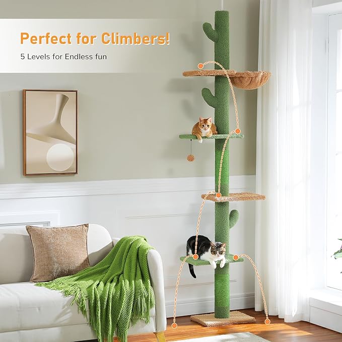 PAWZ Road Cat Tree, Cactus Floor to Ceiling Cat Tower with Adjustable Height(95-108 Inches), 5 Level Cat Climbing Tower with Cozy Hammock, Platforms and Dangling Balls for Indoor Cats-Mewly Pet