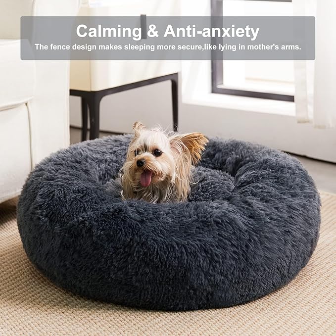 WNPETHOME Calming Dog Beds for Large Dogs, Anti-Anxiety Donut Pet Bed, Fluffy Faux Fur Plush Dog Bed，Warming Cozy Soft Round Pet Bed for Large Jumbo Dogs, Cat Cuddler Cushion-Mewly Pet